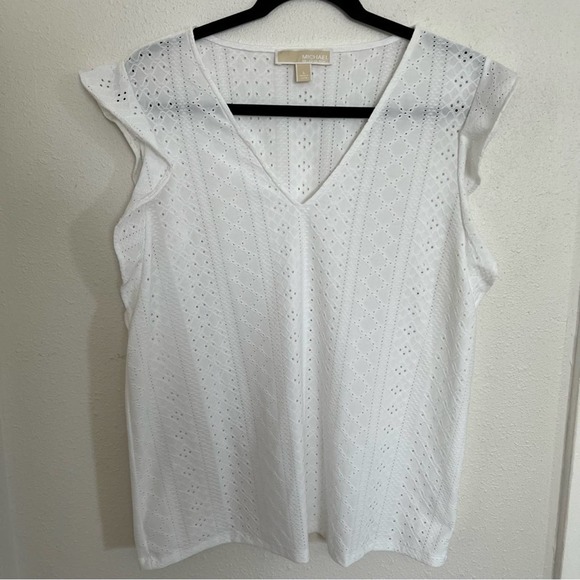 michael kors Tops - Michael Kors White Eyelet Ruffle Sleeve Blouse Women's Size L
